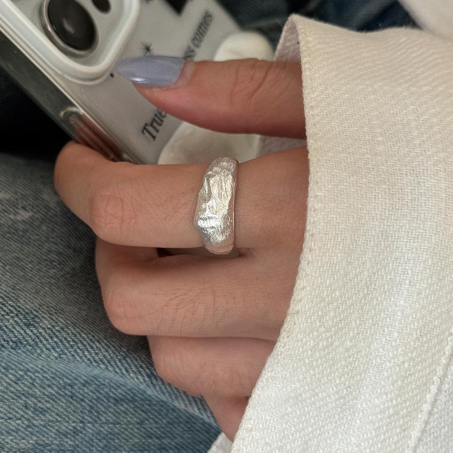 Women's Wide Band Geometric Frosted Matte Open Ring, S925 Silver Plated Creative Index Finger Design