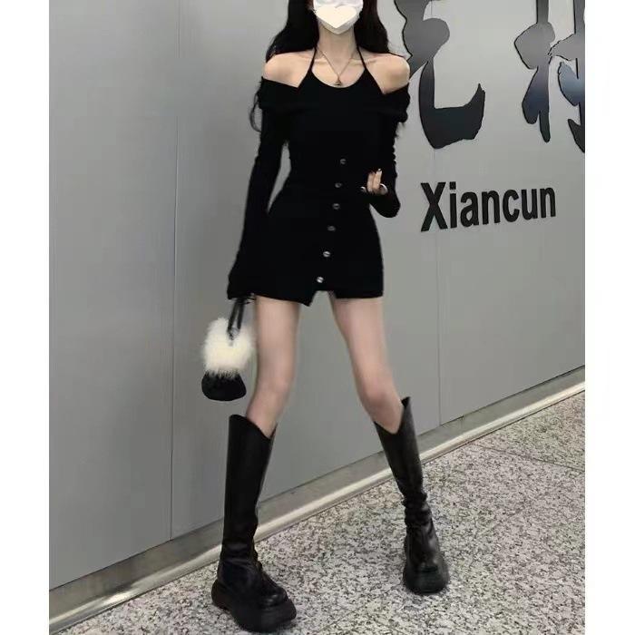 Black Suspender Two-Piece Look Dress - Slimming Autumn 2025