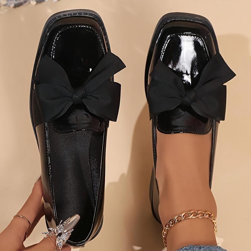 Women'S Slip-On Loafers with Black Bow Detail - Glossy Synthetic Cover, Comfortable Fabric Lining & Durable Rubber Sole - Versatile Casual Shoes