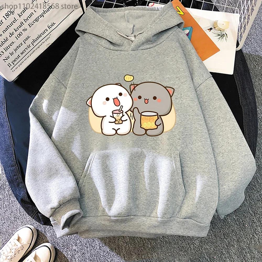 Mochi Peach Cat Hoodies Kawaii Clothing Bubble Tea Graphic Sweatshirts Harajuku Casual Camisetas De Muje Tops Women