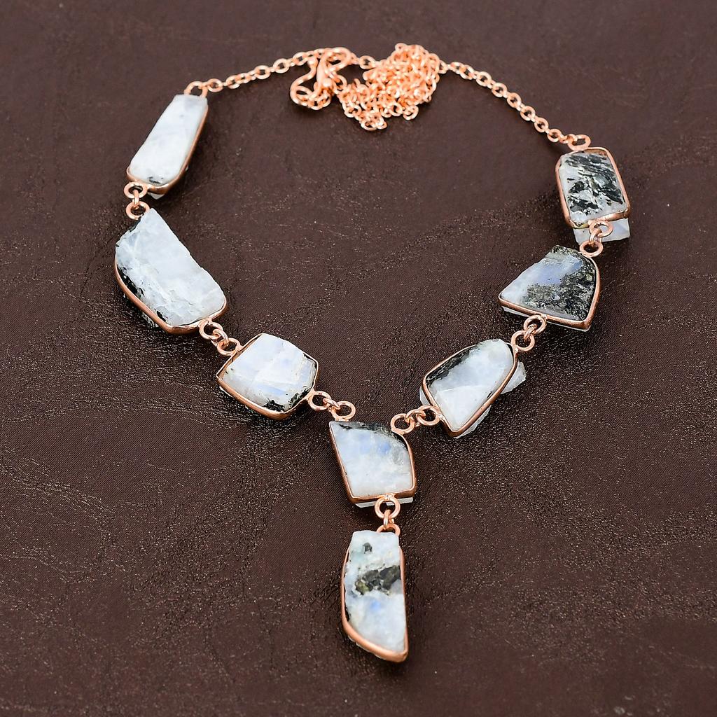Natural Rough Rainbow Moonstone Gemstone Handmade Copper Necklace 18" s4H93