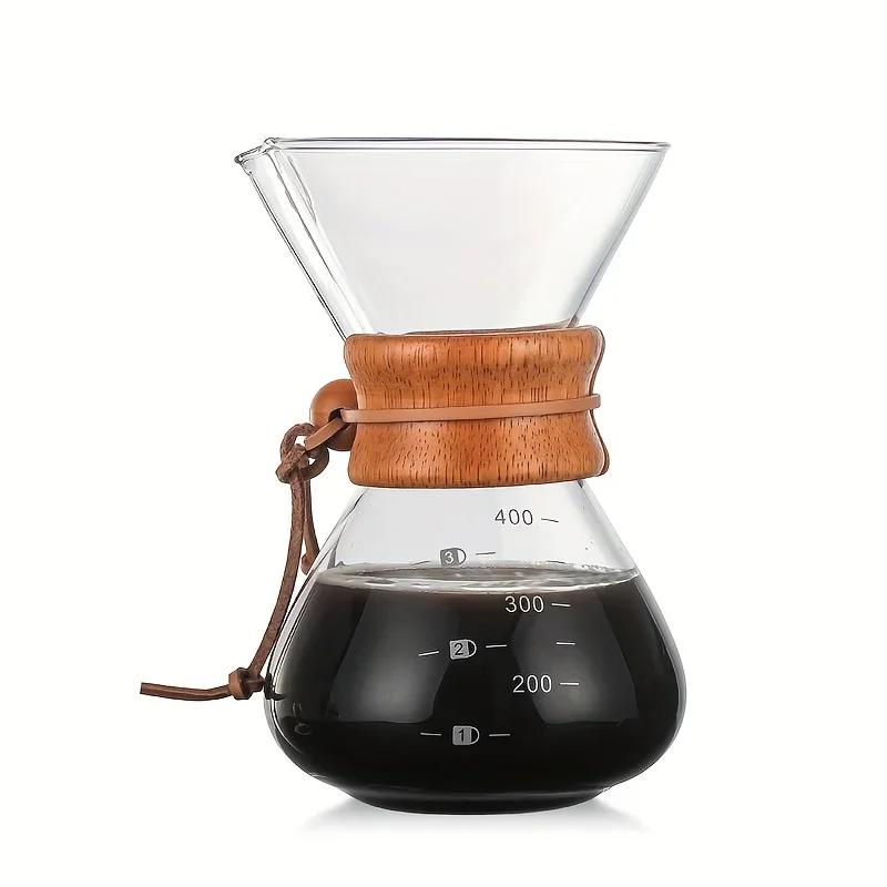 Borosilikatglas Pour Over Kaffeebereiter, 13,53 oz Hochtemperaturbeständiger Luftdichter Kessel mit Holzgriff Kaffeekanne