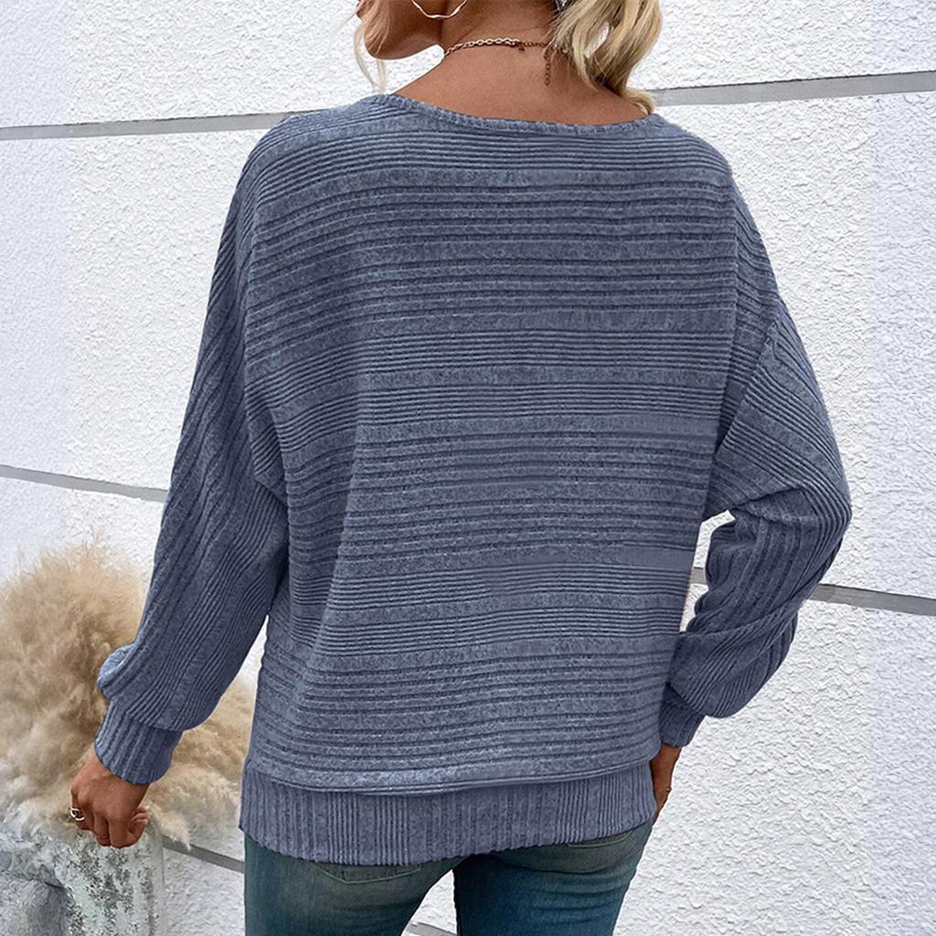 Women's Fashionable Solid Color Round Neck Long Sleeved Casual Pullover T-shirt Top