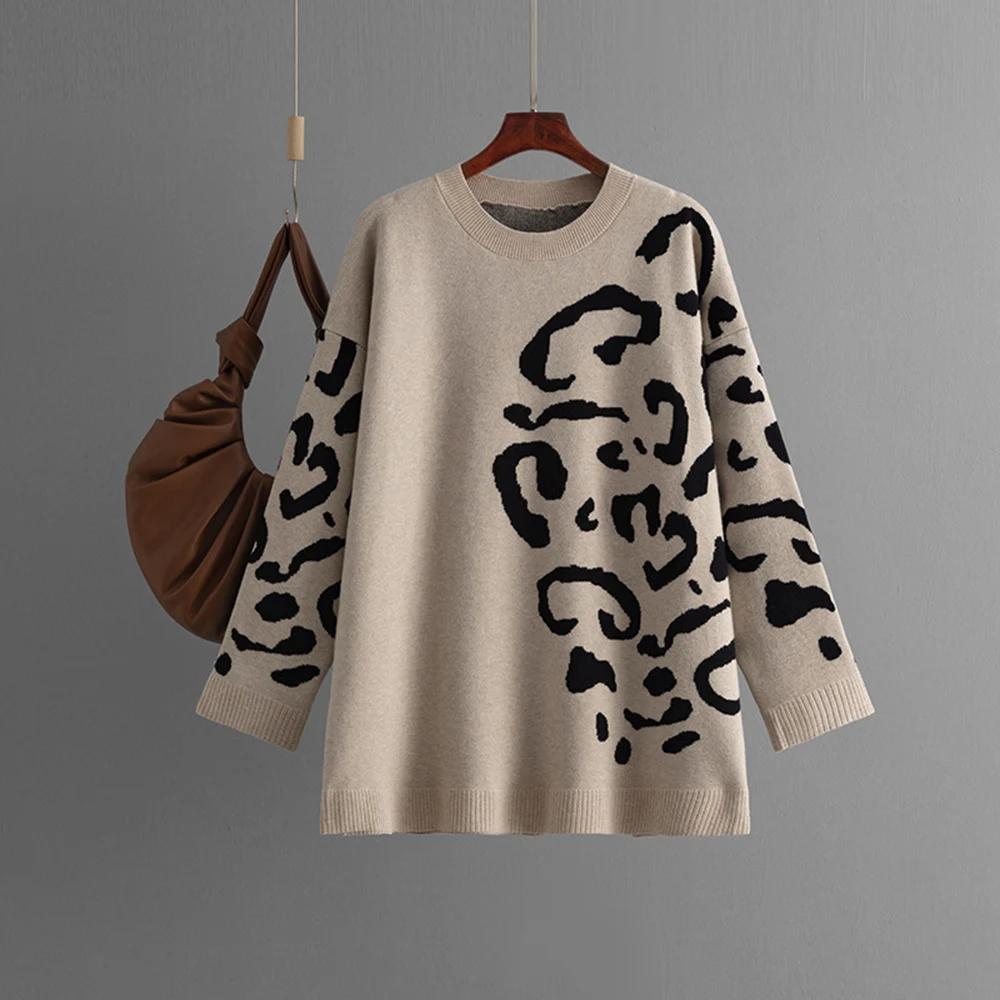 Sweater Women Leopard Printed Pullovers Loose Long Sleeve O-Neck Knitted Jumpers Warm Basics Autumn Winter Fashion Tops