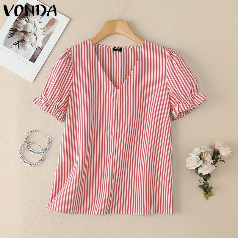 

VONDA Женская летняя повседневная блузка с V-образным вырезом и рукавами-фонариками в полоску 5XL красный
