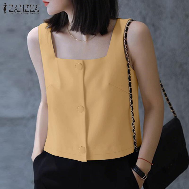 

ZANZEA Women Casual Square Collar Summer Sleeveless Vest Tops 5XL хакі
