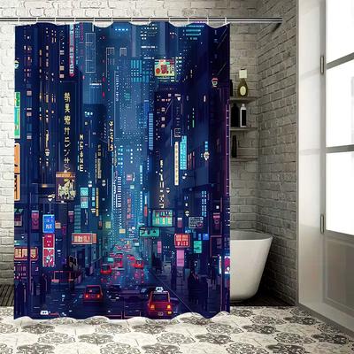 Cyberpunk Cityscape Shower Curtain Urban Nightlife Bath Decor Neon Signs Futuristic Architecture Sci-Fi Atmosphere Elevate Space