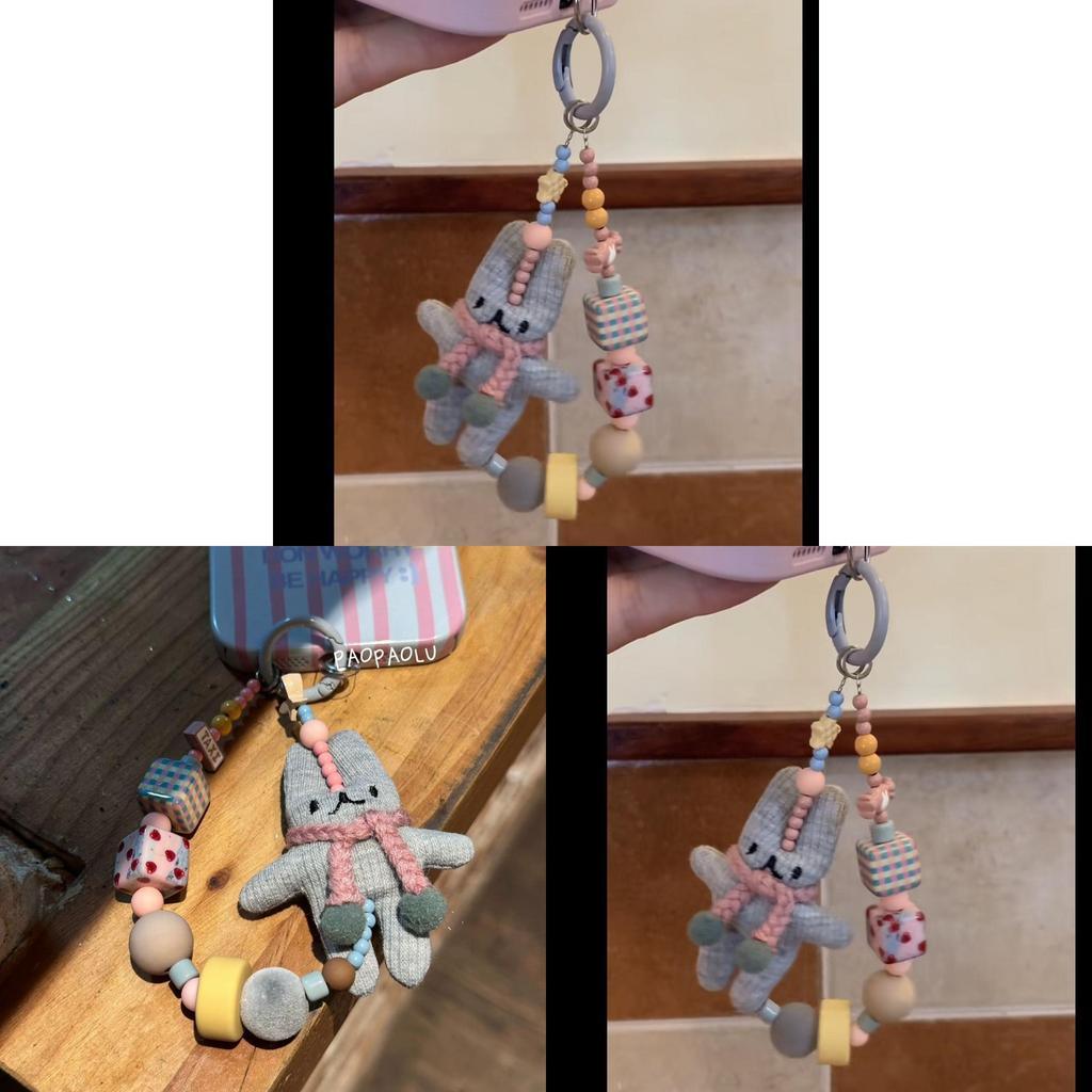 Handmade Pvc Knitted Bunny Phone Strap With Keychain For Daily Use