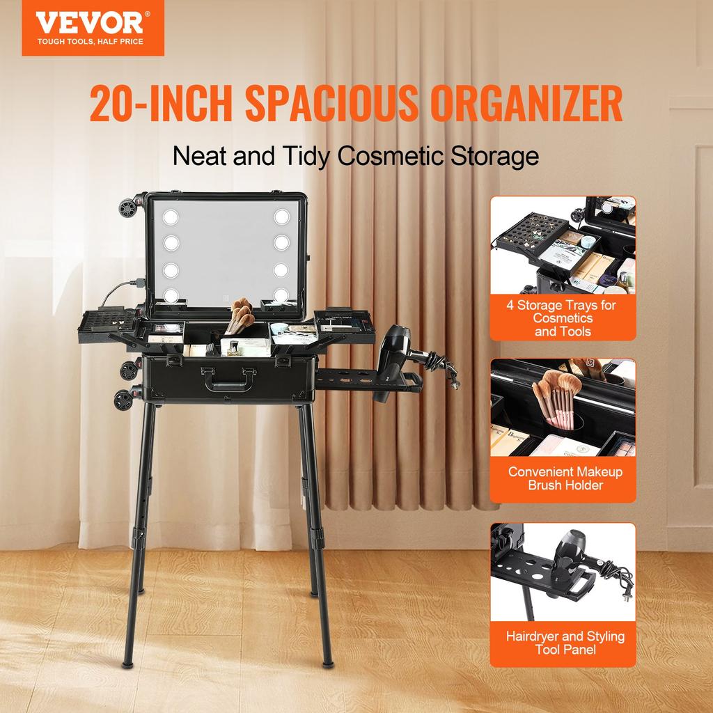 VEVOR Makeup Train Case with Lock, Lighted Mirror, 4 Storage Trays, Brush Holder, Travel Cosmetic Organizer Box w/ Swivel Wheels