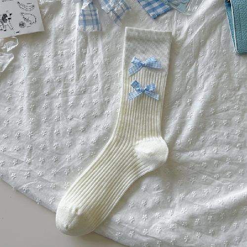 Ballet Style Solid Color Bow Mid Tube Socks Summer Cotton Lightweight Breathable Fashionable Soft Comfortable Casual Women Socks