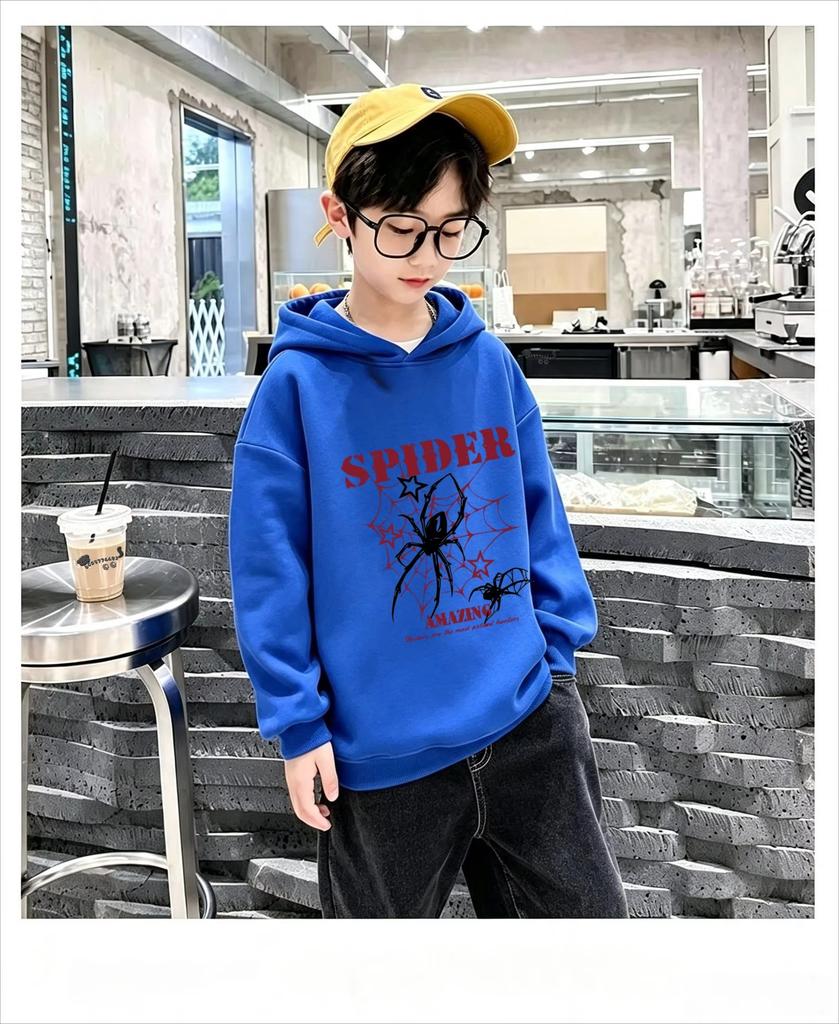 Dětský trendy hooded pullover s potiskem pavučiny, volný oversized podzimní/zimní denní teplý top