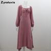 New Autumn Sexy Slit Dress for Women, Long Wrinkle Fabric Midi Skirt Female French Style Long Sleeve Square Neck Dress
