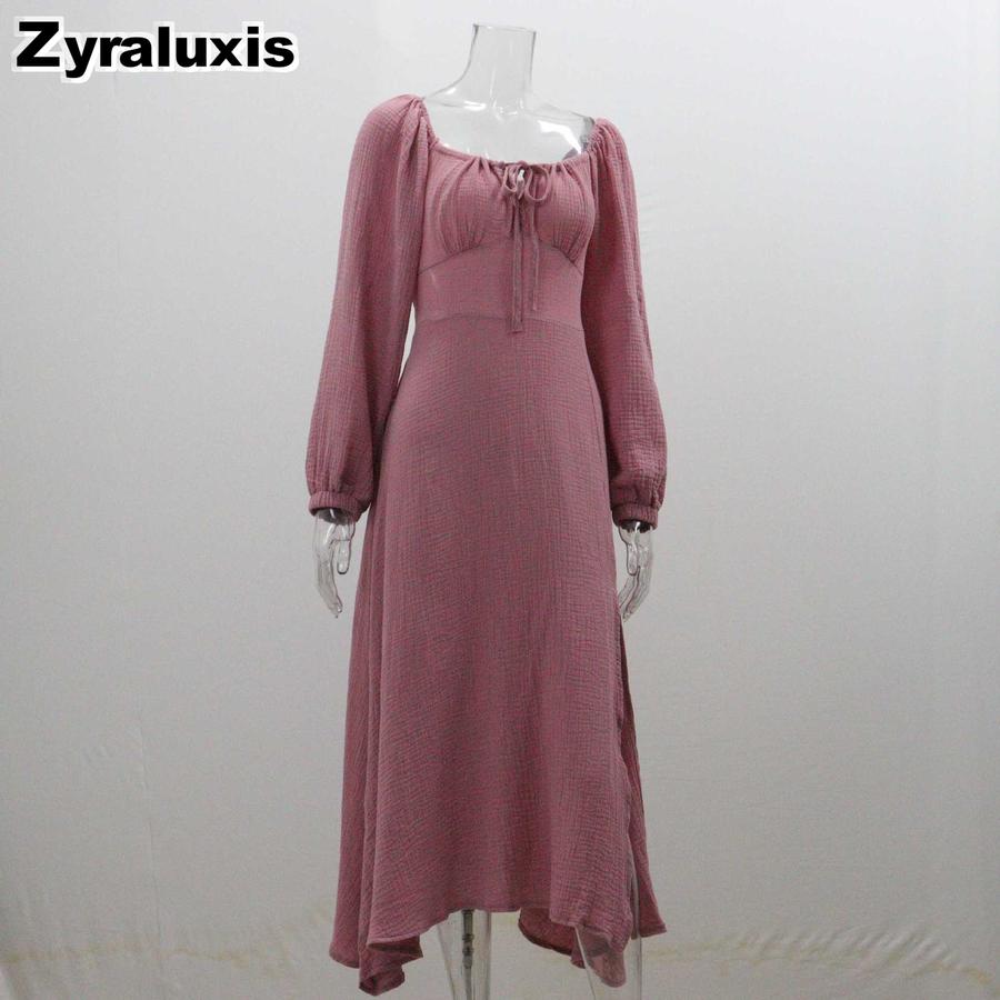 New Autumn Sexy Slit Dress for Women, Long Wrinkle Fabric Midi Skirt Female French Style Long Sleeve Square Neck Dress