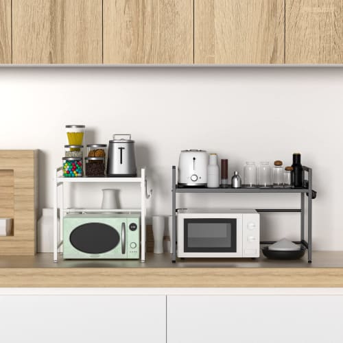 TKUIN Kitchen Over-the-Microwave Rack, Extendable Toaster Rack, Width (39-65cm), Adjustable Shelf Height, Microwave Storage, 50kg Weight Capacity, Inc