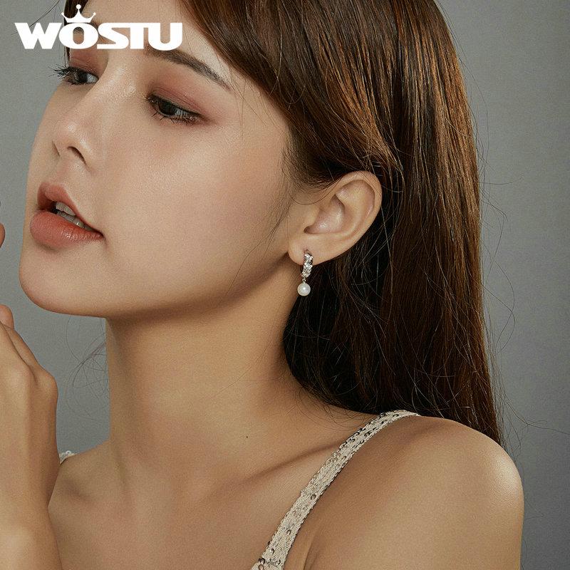 WOSTU Real 925 Sterling Silver Earrings Shining CZ Wheat Pearl Hoop Earrings Earrings For Women Friendship Jewelry CTE446