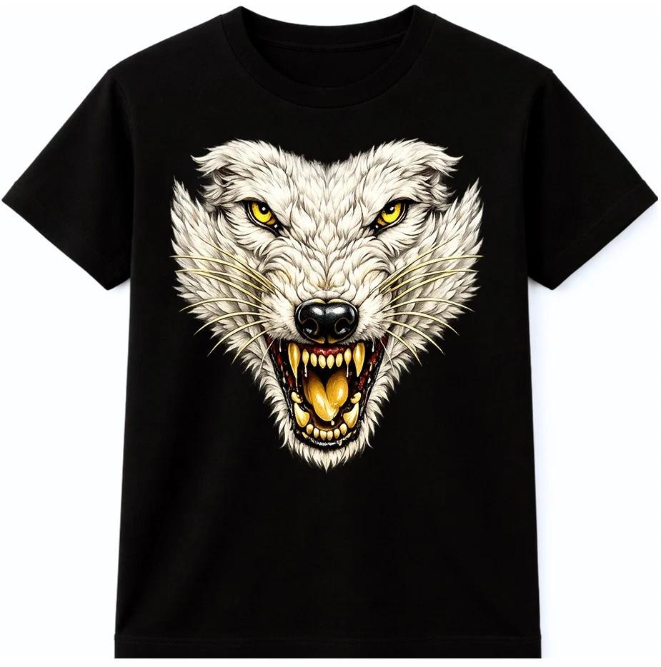 Fierce Wolf Head T-Shirt Wild Animal Predator Face Crew Neck Graphic Tee