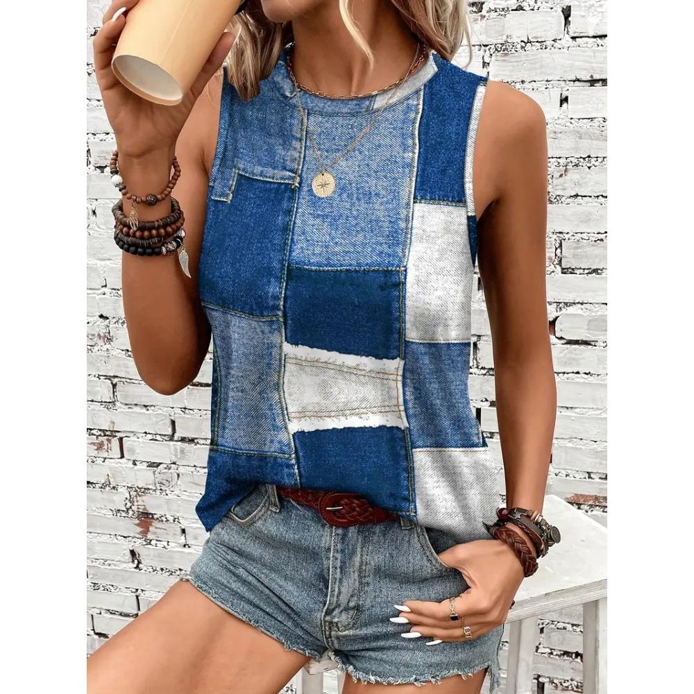 Women's Sleeveless Round Neck Vest with Retro Ethnic Print