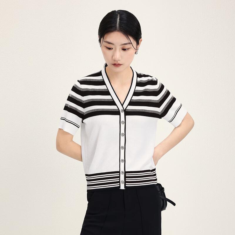 Northland Deer Breathable Tencel Silk French Stripe V-neck Knit Top L