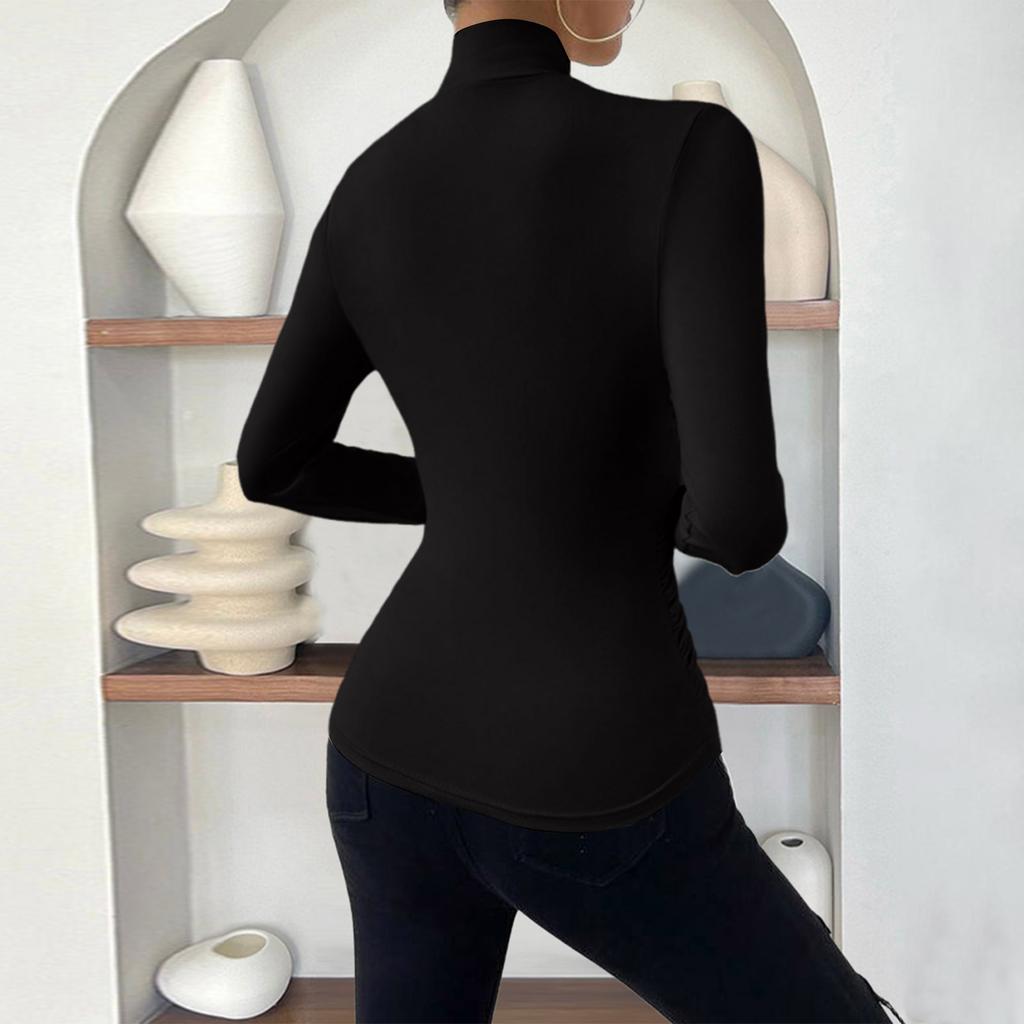 Women's Fashionable Design Cross-Neck Slim-Fit Versatile Pleated T-Shirt