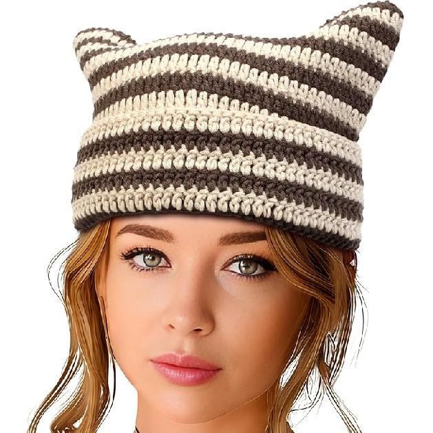 Y2K Beanie for Women Crochet Hat with Cat Ear Cute Fox Hat Vintage Grunge Accessories Knit Cap Slouchy Beanie Beige Brown