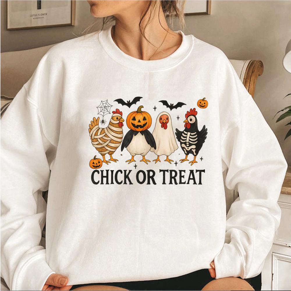 Chick or Treat Sweatshirt Spooky Chicken Halloween Sweater Long Sleeve Women's Sweatshirts Funny Halloween Chicken Hoodie Tops