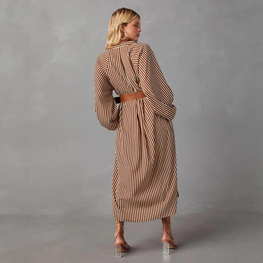 2025 Spring Autumn Elegant Stripe Women's Long Dresses With Belt Long Sleeve V-neck Casual Oversized Irregular Dress Female Robe