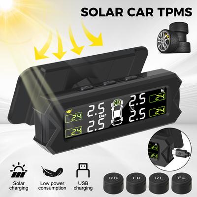 Däcktryckssensor Däcktrycksövervakningssystem Solenergi Auto Säkerhetslarm Bil TPMS Temperaturvarning 4 Interna Externa Sensorer