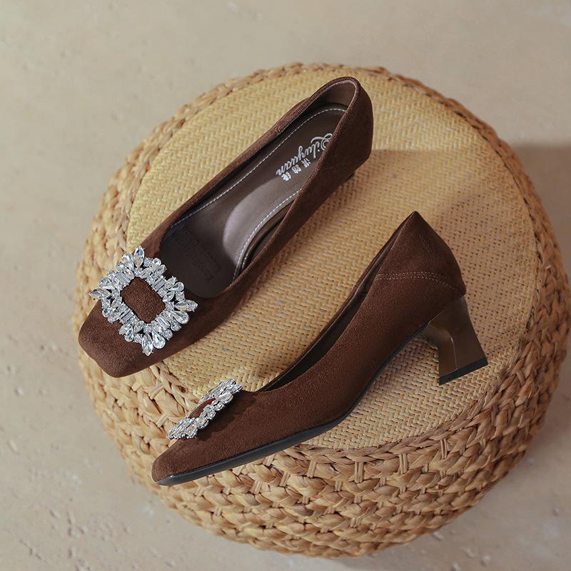 Thick heel single shoes 2025 new spring and autumn women's shoes suede temperament medium heel rhinestone square buckle French square head high heels
