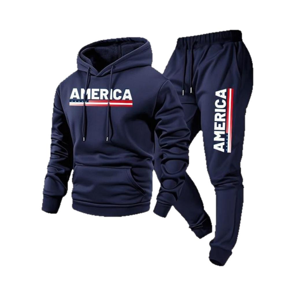 Men's Casual -color Letter Print T-shirt Set - Men's Fleece Hooded Drawstring T-shirt And Pants Two-piece Set