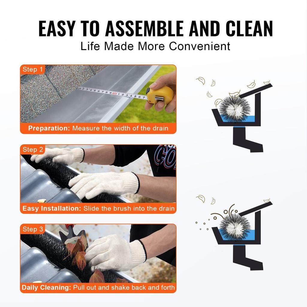 Gutter Brush, 80 Feet Total Length 4.33 Inch Diameter Gutter Cleaning Tools, Ground-Level Gutter Brush Leaf Guard for 5 Inch Gutters, Easily Clear