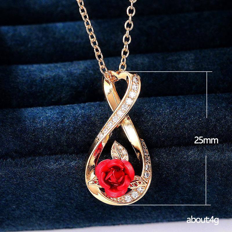 Two-Color Electroplated Rose With Zircon Necklace, Ladies' Cute Heart-Shaped Twisted Flower Necklace.