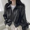 New Arrivals Open Run Women 2way Zip Black Ribbed Leather Jacket
