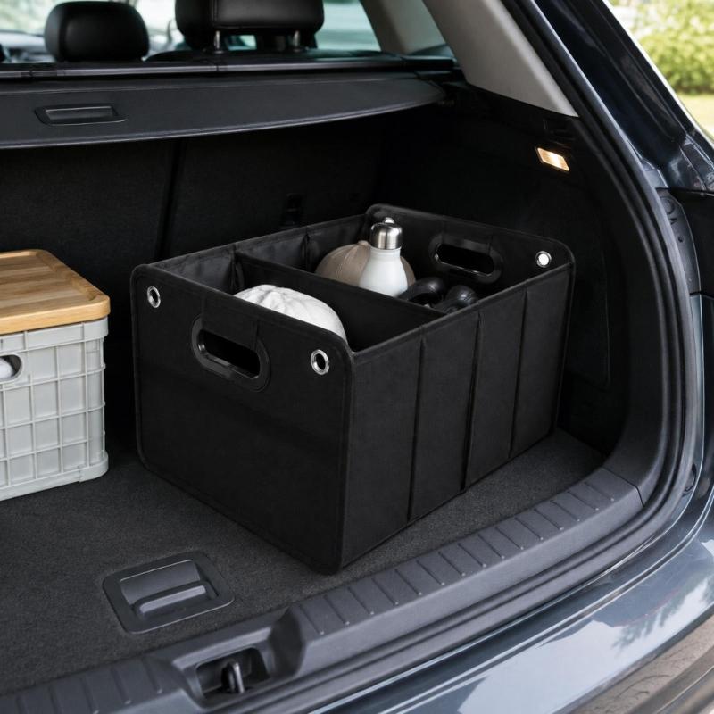 Car Cargo Container for Trunk Storage, 30L Foldable Fabric Bin with Recessed Side Handles for Grouping Loose Grocery and Travel Items, Black