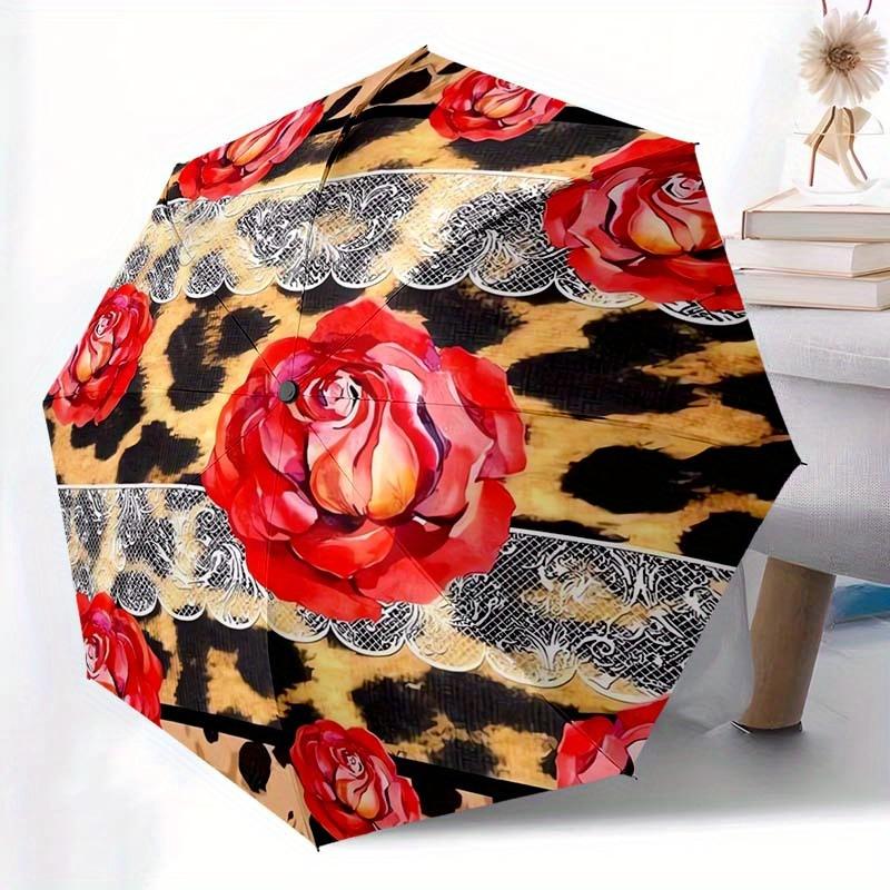

1pc Leopard & Rose Print Automatic Folding Umbrella - Portable 8-Rib Design, Stylish & Functional for Casual Outings, Beach, o Iron&8K