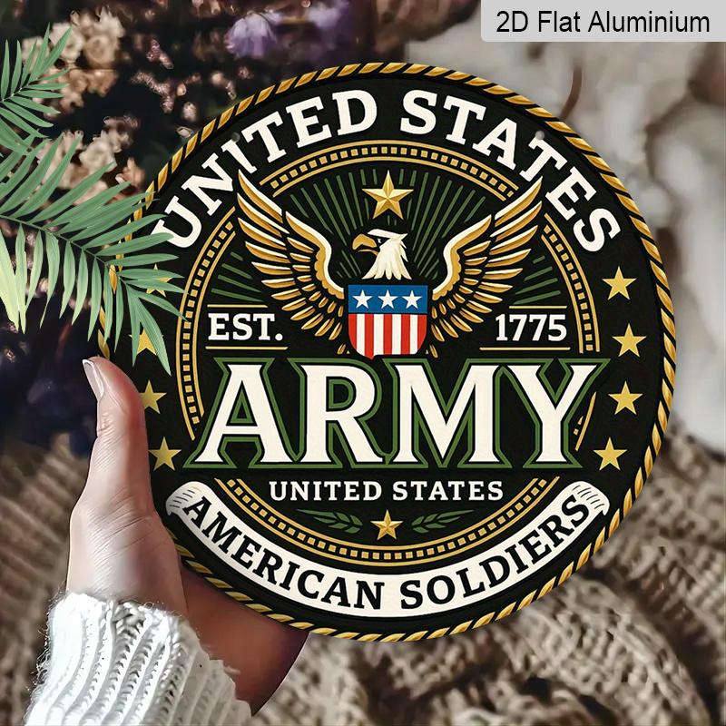 2D Flat, 1pc Round Aluminum US Army Metal Sign, "United States Army" Patriotic Wall Art with Eagle & Crest, Durable, Easy to Install, Perfect for