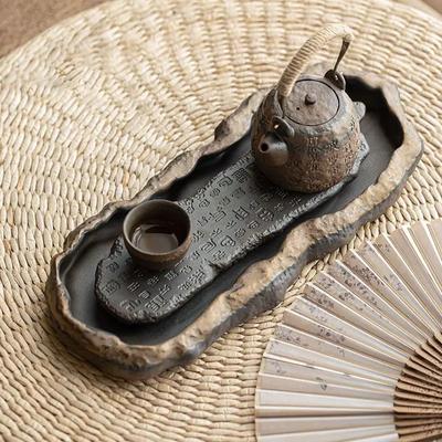 Vintage Tea Tray, Gilded Zen Heart Sutra Tea Tray, Coarse Ceramic Tea Tray, Household Water Storage, High-end Dry Brewed
