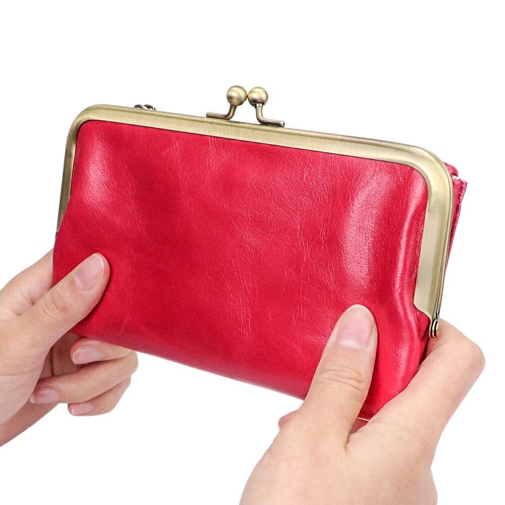 Royal Bagger Retro Long Wallet for Women Genuine Cow Leather Clutch Coin Purse Large Capacity Card Holder with Kiss Lock 1497
