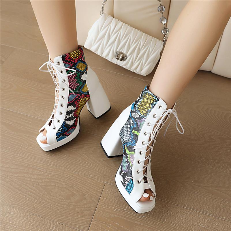 FOREADA Women Sandals Peep Toe Thick High Heels Platform Embroider Lace-up Comfort Boots Ladies Fashion Shoes Summer Balck 46