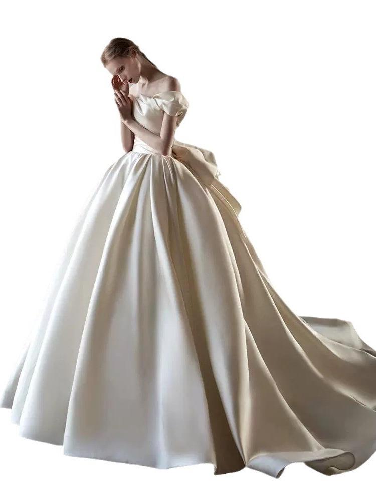 Princess Style Wedding Dress 2026 New Vintage Satin Long Tail Floor Length White Bride Small Size One Shoulder Strap