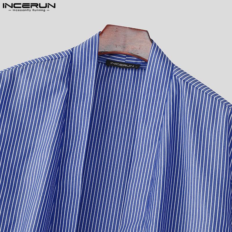 INCERUN Men Batwing Sleeve Open Front Striped Casual Kimono Cardigan Tops