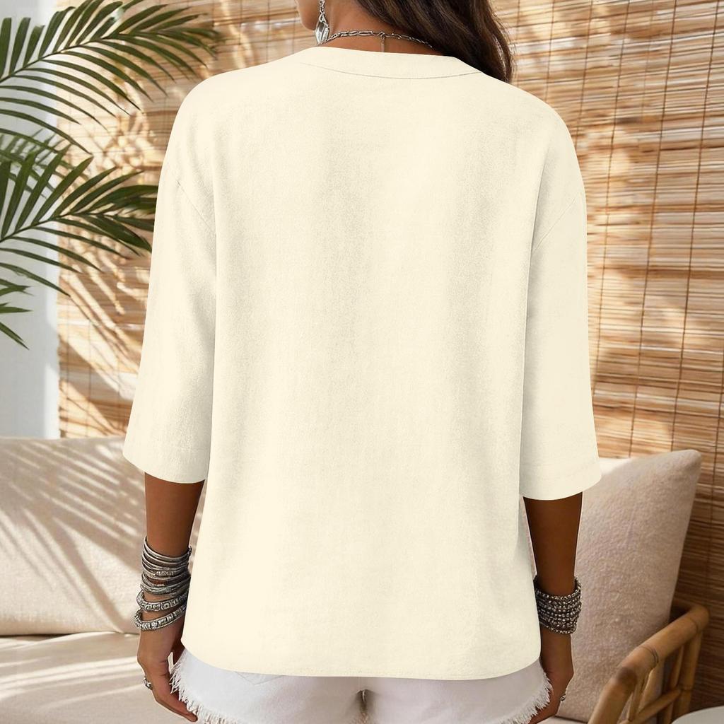 Women Casual V Neck Button Three Quarter Sleeve T Shirt Linen Cotton Blend Loose Fit Lightweight Top for Everyday Wear
