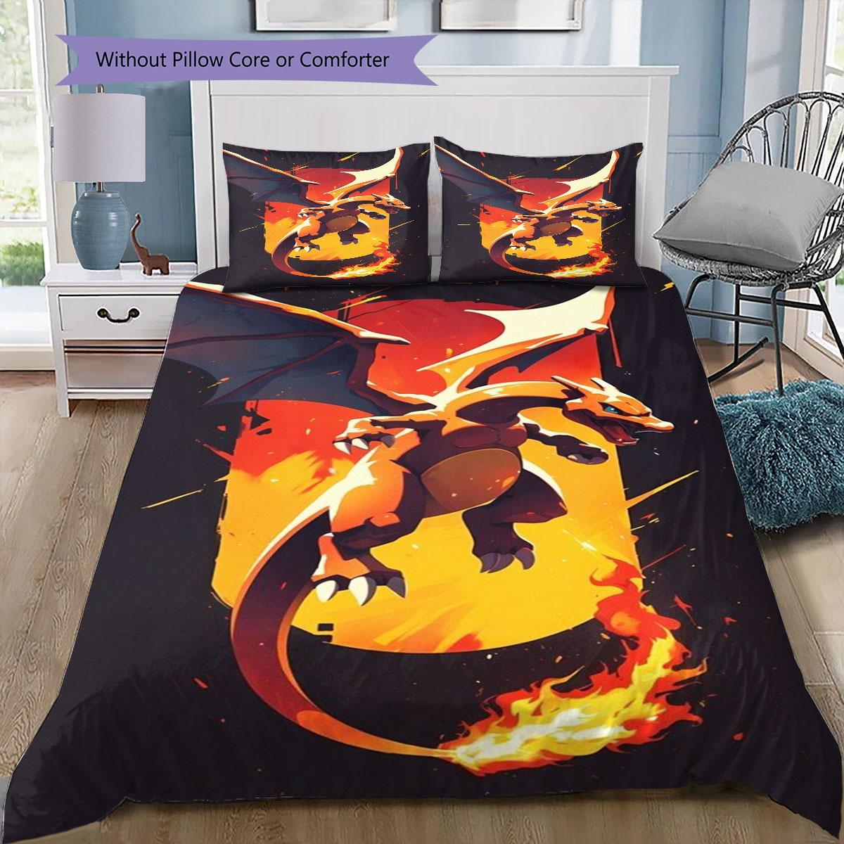 Charizard 3Pcs Bedding Set Cool Pokemon Fire Dragon Printed Duvet Cover Pillowcases Soft Microfiber Bedroom Decor No Filling 135x200cm