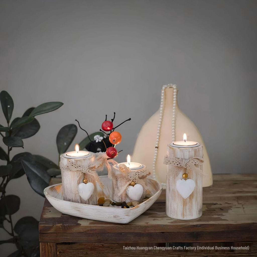 Heart-Shaped Wooden Candle Holder Tray Valentine's Day Home Decor Set