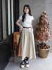 Versatile Washed Cotton Midi Skirt - High Waist, Solid Color, Double Pockets, Slimming A-line for Women, Early Autumn.