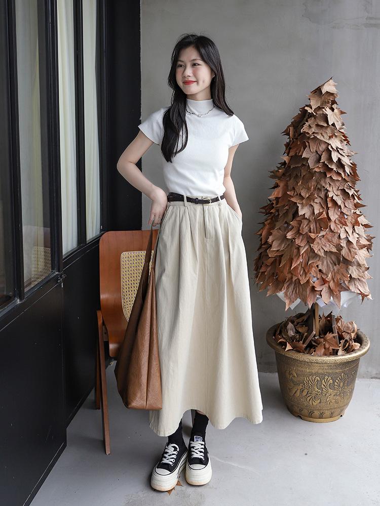 Versatile Washed Cotton Midi Skirt - High Waist, Solid Color, Double Pockets, Slimming A-line for Women, Early Autumn.