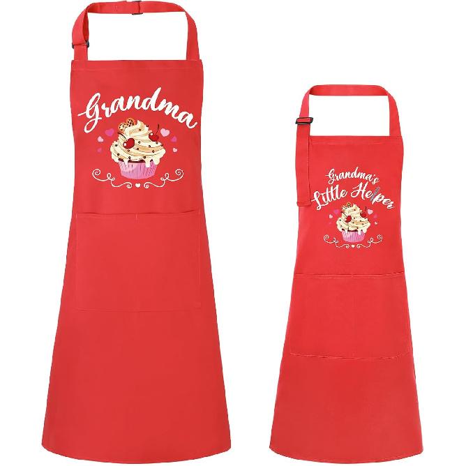 2 Pcs Adults Kids Matching Apron Set, Funny Grandma and Me Aprons, Adjustable Kitchen Apron with 2 Pockets, Grandma and Granddaughter Matching Gift