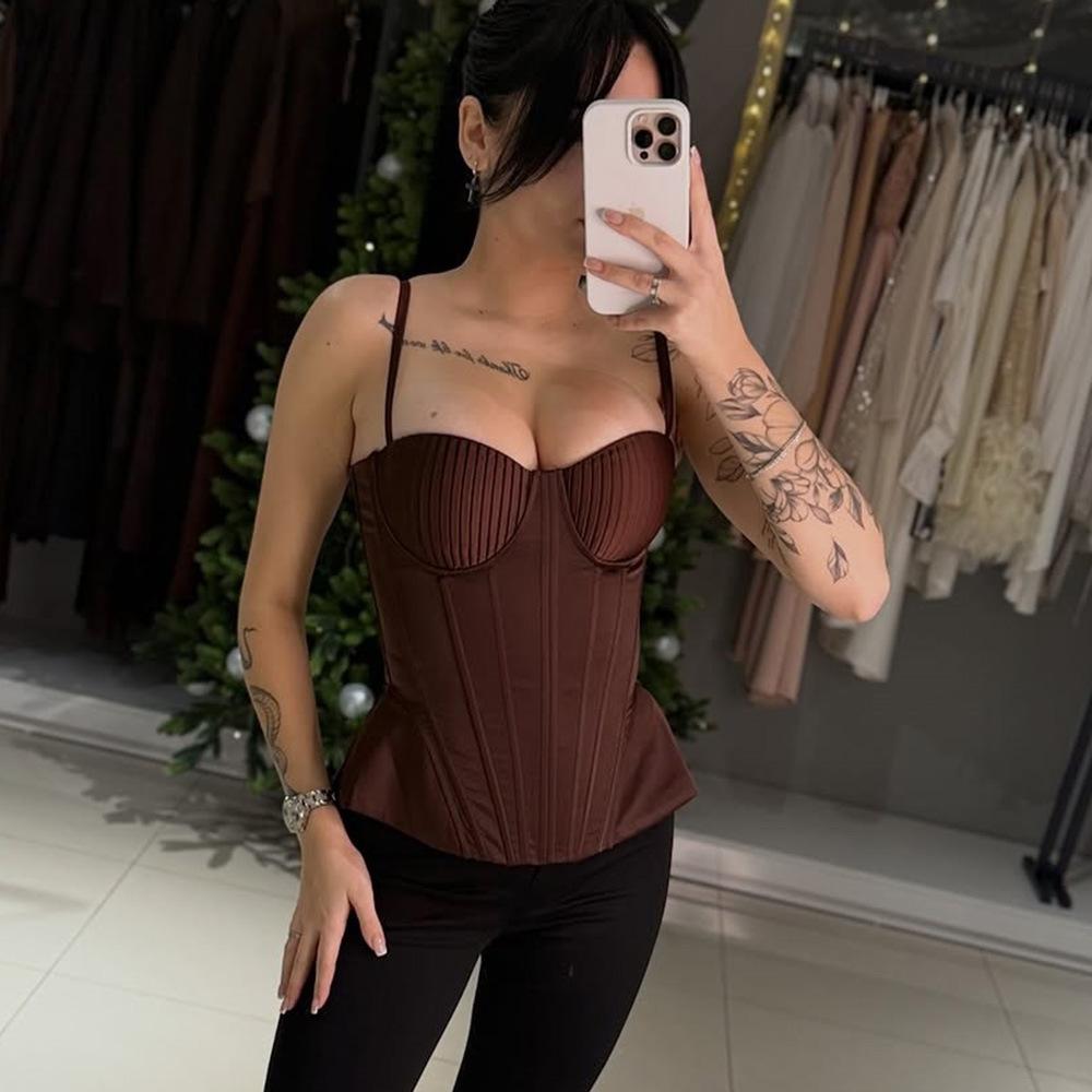Damski satynowy gorset z fiszbinami, push-up bustier, sznurowany z tyłu, regulowane ramiączka, modelujący sylwetkę