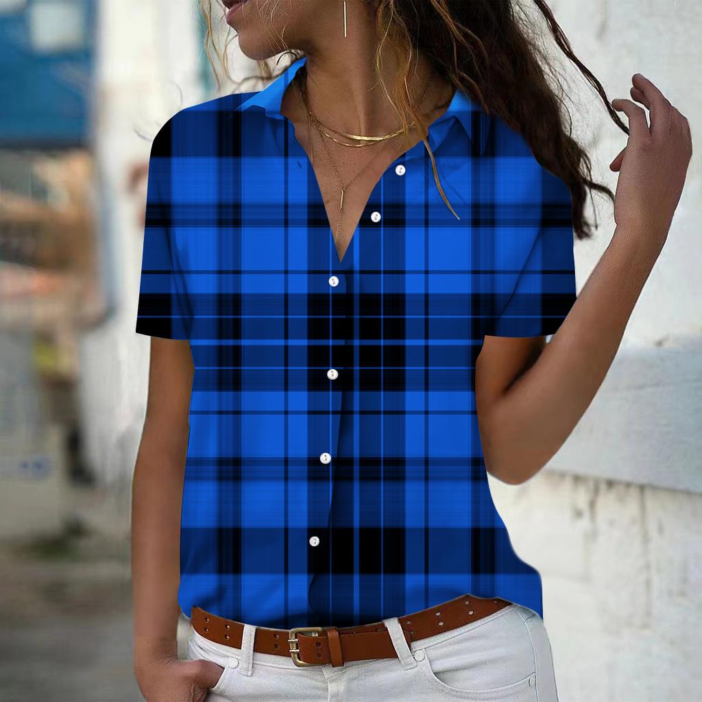 2025 Summer New Fashion Women's Grid Pattern Printed Short Sleeve V-neck Casual Button-down Shirt Top