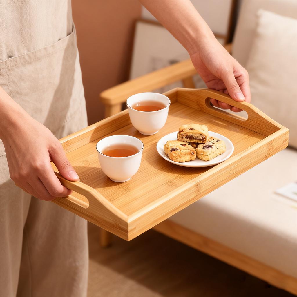Bamboo Rectangular Cup Tray Tableware Holder Fruit Bread Dessert Tea Food Tray with Handle Dinner Serving Tray