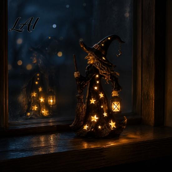 Rustic Festive Desk Accessory Halloween Witch Figurine with Star Light Resin Tabletop Nightlight Lantern Vintage Theme Party Prop Wizard Hat